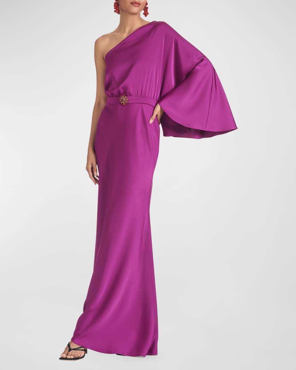 Cella One-Shoulder Kimono-Sleeve Gown